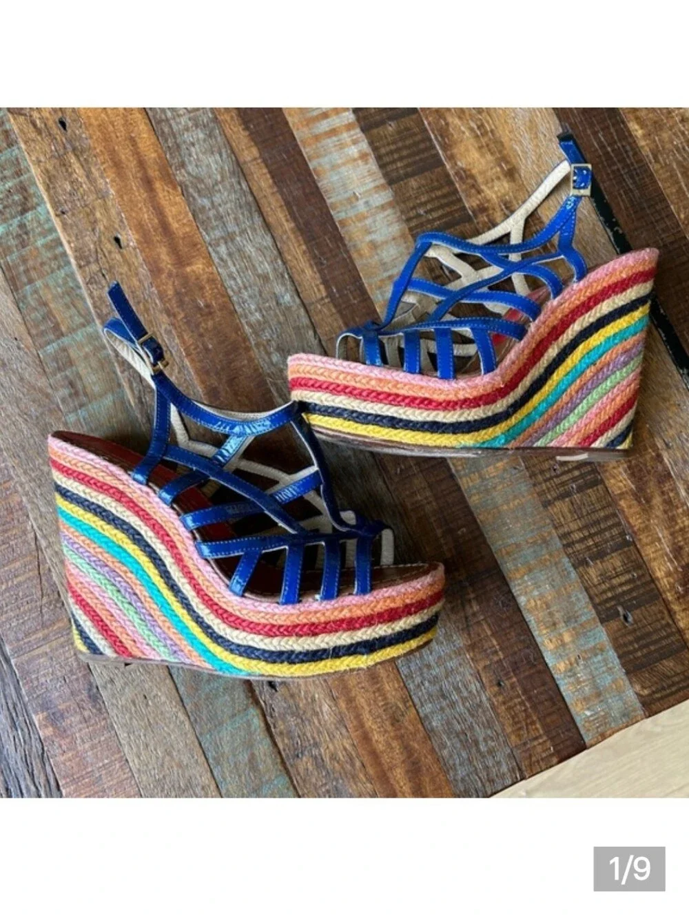 Paloma Barcelo Rainbow Espadrille Wedges Size 38 Boho Chic Y2K Retro 70's Disco